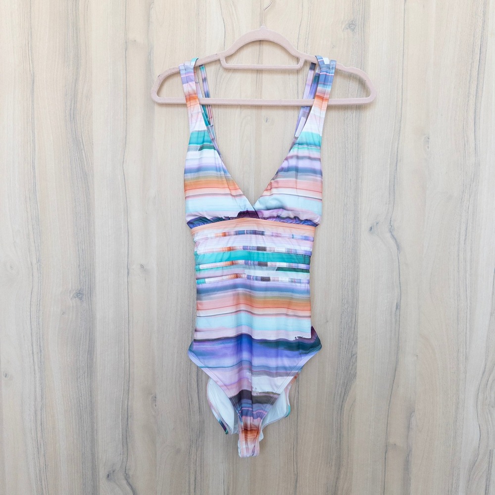La Blanca Womens One Piece Swimsuit 14 Watercolor Striped Strappy Coastal Resort